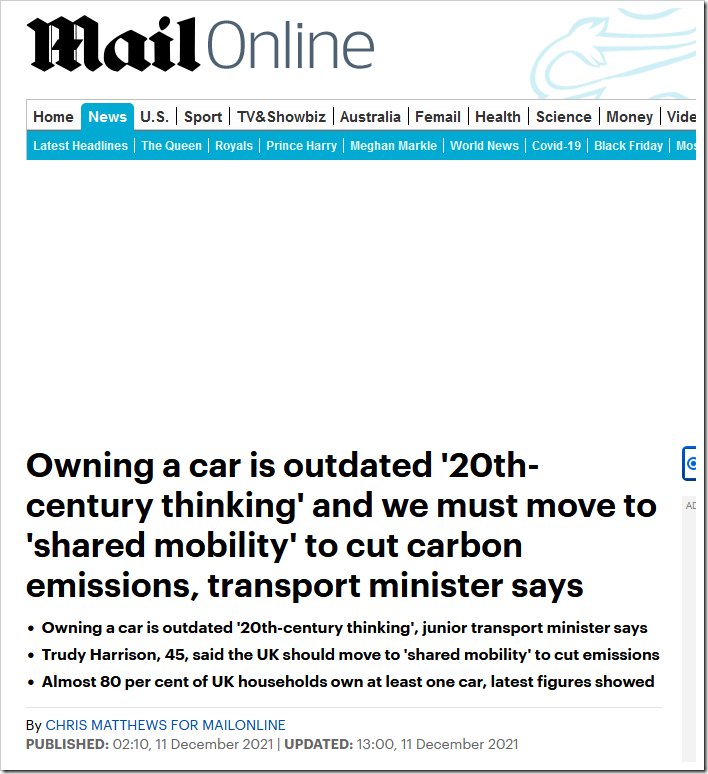 Owning a car is outdated ’20th-century thinking’ and we must move to ‘shared mobility’ to cut carbon emissions, transport minister says