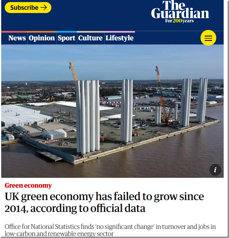UK green economy has failed to grow since 2014, according to official data